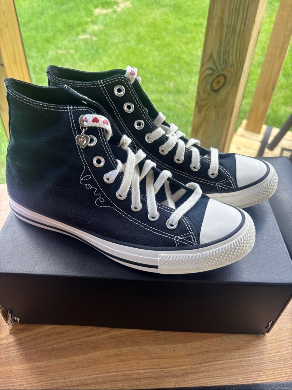 Black High-Top Canvas Sneakers with White heart Accents